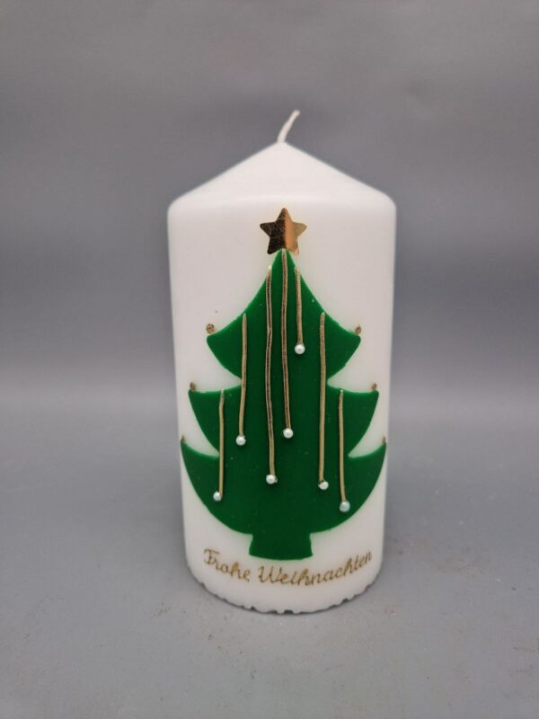 Weihnachtsbaumkerze "O du schöne Weihnachtszeit", 15 x 7,5 cm, Wachsmotiv, Aufschrift: Frohe Weihnachten – Bild 3
