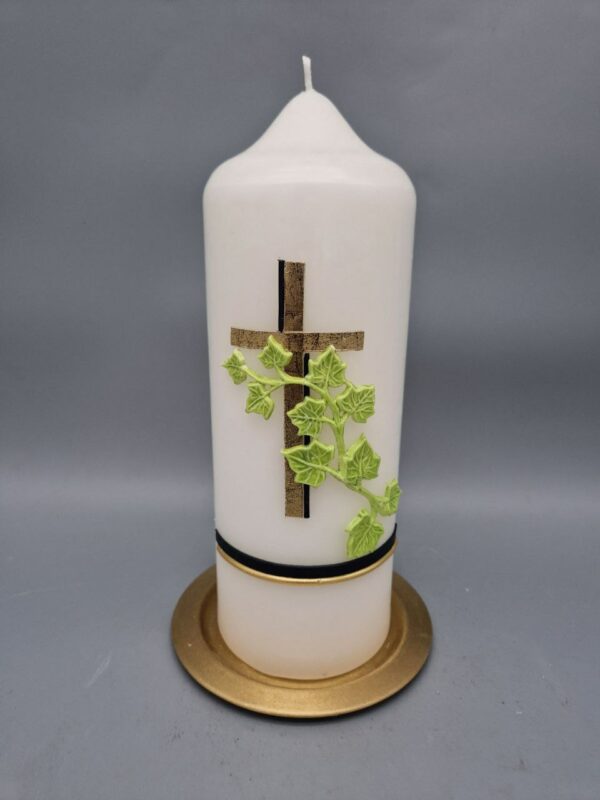 Trauerkerze "Kreuz mit 3D-Efeu", 21 x 7,5 cm, Wachsmotiv, personalisiert