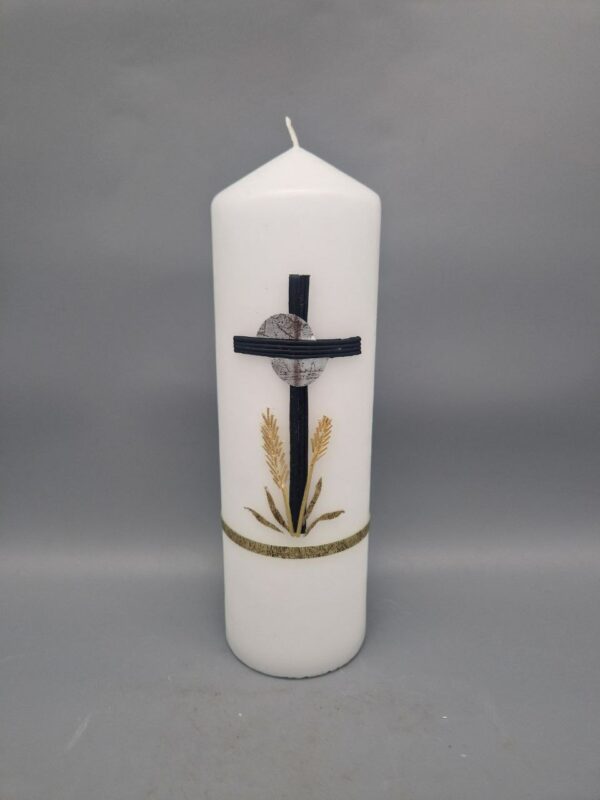 Trauerkerze "Kreuz, Sonne, Ähren", 25 x 7,5 cm, Wachsmotiv, personalisiert