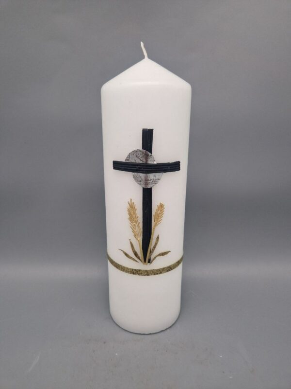 Trauerkerze "Kreuz, Sonne, Ähren", 25 x 7,5 cm, Wachsmotiv, personalisiert – Bild 2