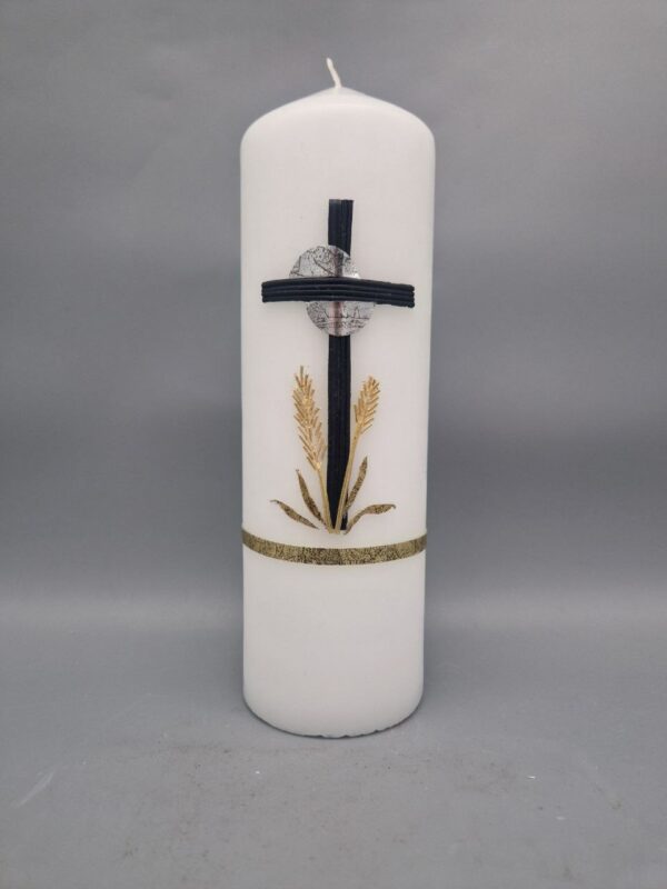 Trauerkerze "Kreuz, Sonne, Ähren", 25 x 7,5 cm, Wachsmotiv, personalisiert – Bild 3