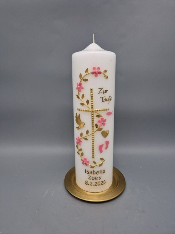 Taufkerze Mädchen "Kreuz und Rosa Blümchen auf Goldener Ranke", Taube, Fisch, Herz und Babyfüße, 25 x 7 cm, Wachsmotive, personalisiert