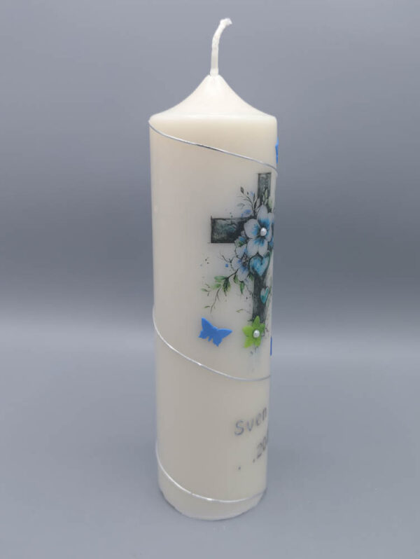 Lebenskerze 20 x 6 cm: "Blau-Silberne Romantik", Druck- und Wachs, aus Recycling-Wachs, personalisiert – Bild 4