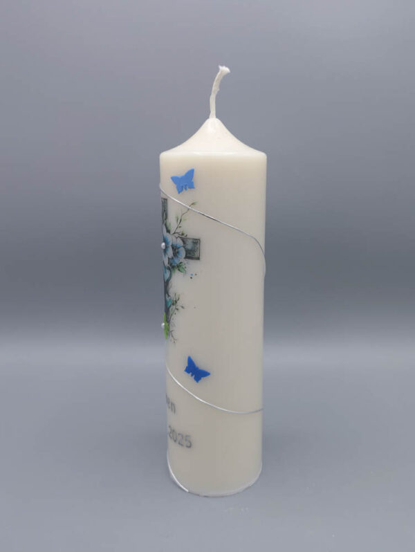 Lebenskerze 20 x 6 cm: "Blau-Silberne Romantik", Druck- und Wachs, aus Recycling-Wachs, personalisiert – Bild 3
