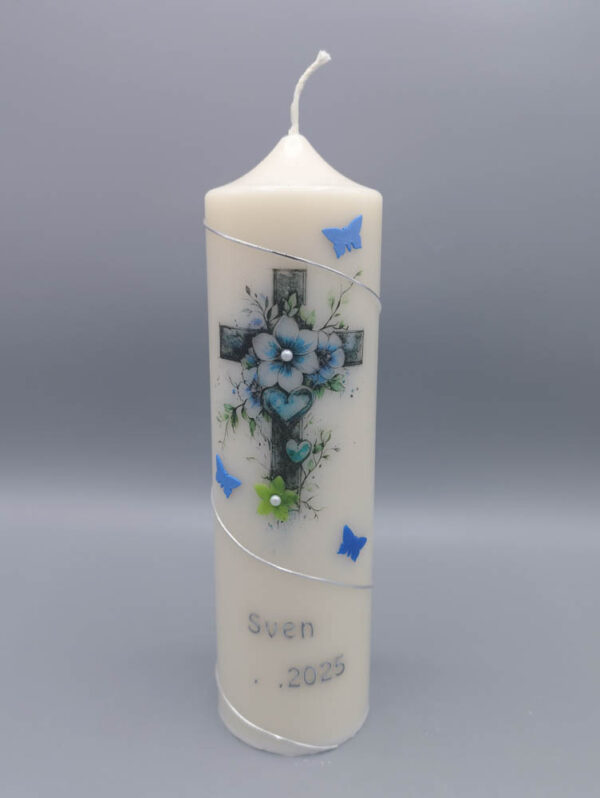 NACHHALTIGES 2-teiliges Taufkerzen-Set "Blau-Silberne Romantik", Tauf- und Lebenskerze, Druck- und Wachs, aus Recycling-Wachs, personalisiert – Bild 2