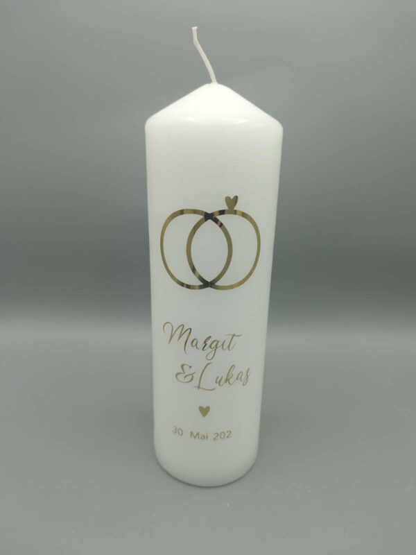 Hochzeitskerze "Gold-Glamour" 25 x 8 cm, mit schimmernden goldenen Ringen & Herz, personalisiert