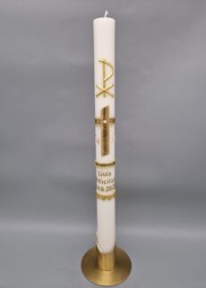 NACHHALTIGE Taufkerze "Christliche Symbole in Gold - aufwendig - aufregend - verspielt", 40 x 3 cm, Wachsmotive, Recycling-Wachs, personalisiert