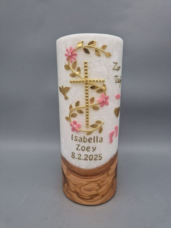Premium 2-teiliges Taufkerzen-SET bestehend aus Taufkerze und Lebenskerze mit ECHTHOLZSTÜCK und Teelicht "Goldranke mit Rosa Blumen", Taube, Fisch, Herz, Babyfüße, 40 x 4 cm und 20 x 8 cm, Stearin, personalisiert – Bild 5