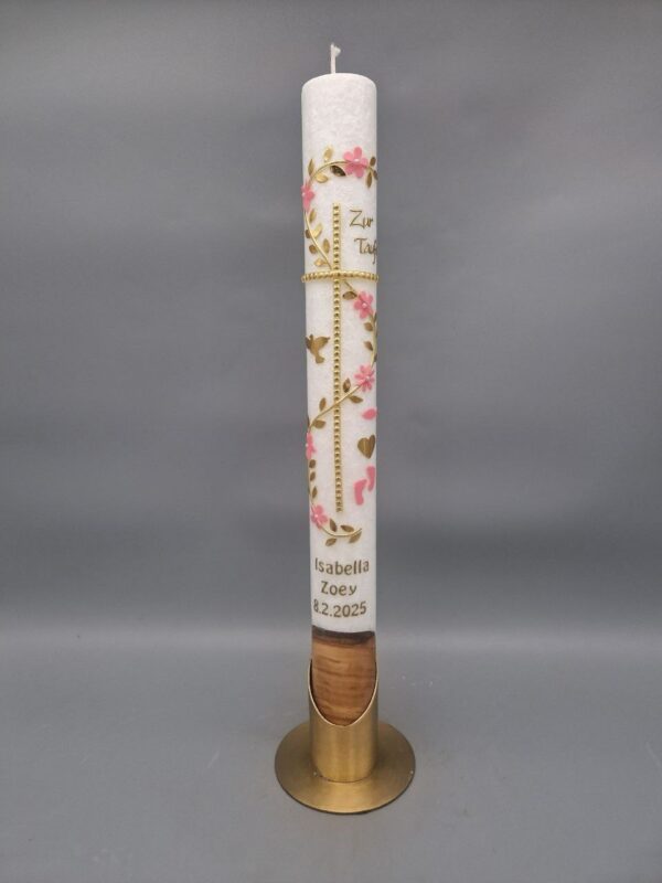 Premium 2-teiliges Taufkerzen-SET bestehend aus Taufkerze und Lebenskerze mit ECHTHOLZSTÜCK und Teelicht "Goldranke mit Rosa Blumen", Taube, Fisch, Herz, Babyfüße, 40 x 4 cm und 20 x 8 cm, Stearin, personalisiert – Bild 4