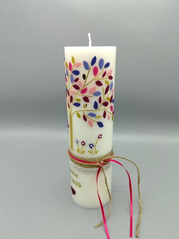 Exklusiv Linie: NACHHALTIGE Taufkerze Mädchen "Lebensbaum Gold, Rosa-Lila-Töne, Blümchen, Schmetterlinge", 25 x 7 cm, 4 hübsche Bänder, Wachsmotive, personalisiert – Bild 3