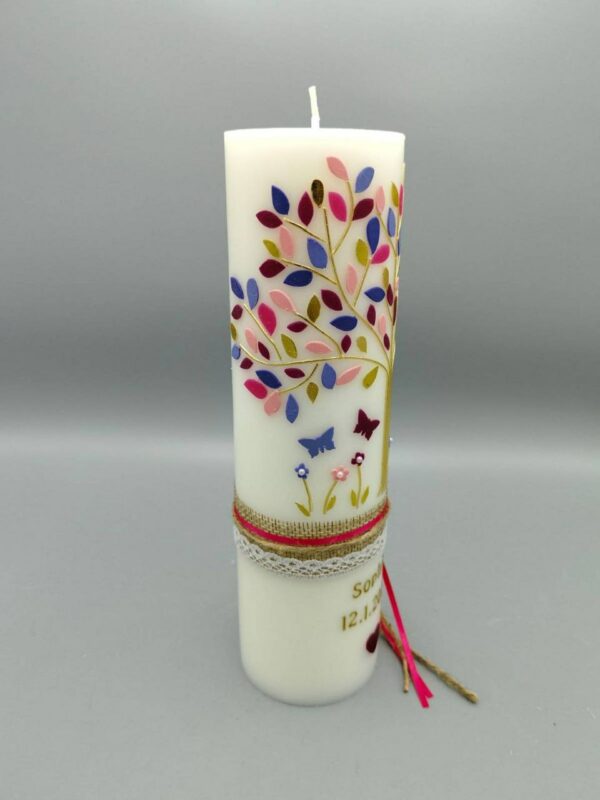 Exklusiv Linie: NACHHALTIGE Taufkerze Mädchen "Lebensbaum Gold, Rosa-Lila-Töne, Blümchen, Schmetterlinge", 25 x 7 cm, 4 hübsche Bänder, Wachsmotive, personalisiert – Bild 2