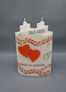 NACHHALTIGE Hochzeitskerze Ellipse mit 2 Dochte "Orange Herzen mit Silber", 17 x 13 x 6 cm, Wachsmotive, Recyclingwachs, personalisiert