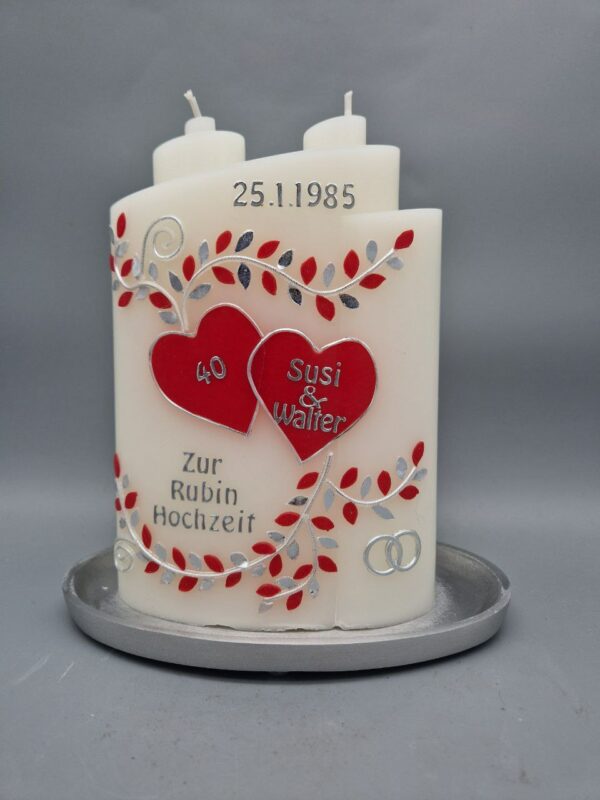 Ellipse Kerze zur Rubin Hochzeit, 19 x 13 x 6 cm, Wachsmotiv, personalisiert