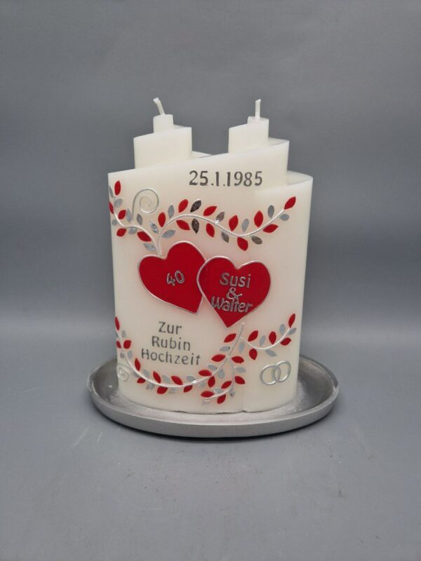 Ellipse Kerze zur Rubin Hochzeit, 19 x 13 x 6 cm, Wachsmotiv, personalisiert – Bild 2