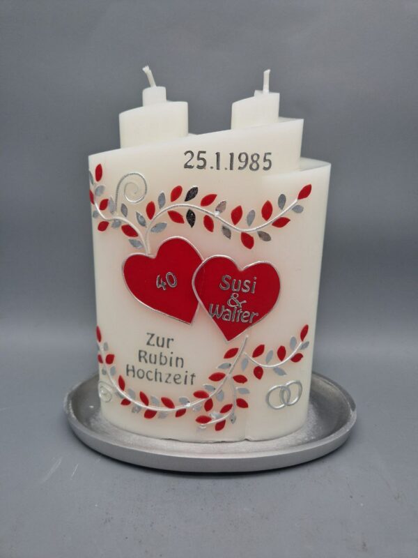 Ellipse Kerze zur Rubin Hochzeit, 19 x 13 x 6 cm, Wachsmotiv, personalisiert – Bild 3
