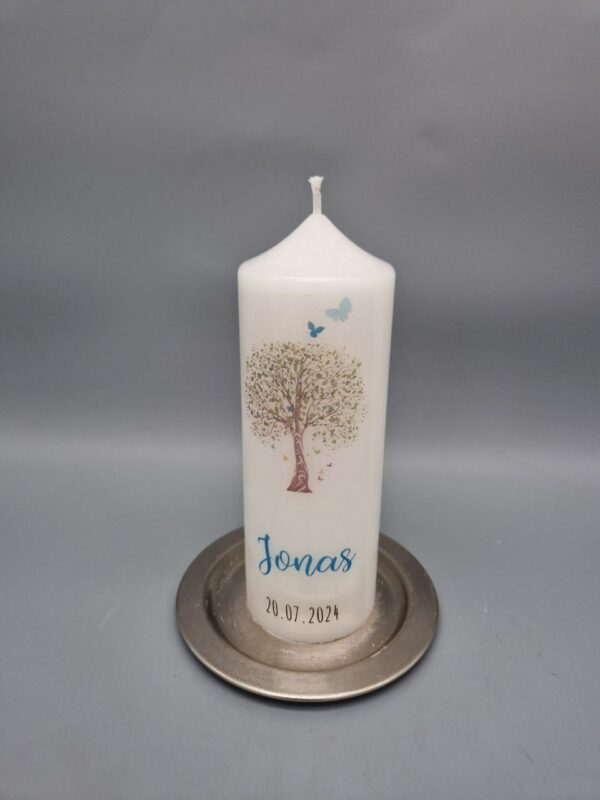 Taufkerze und PATENKERZE Junge "Lebensbaum mit blauen Schmetterlingen", 40 x 4 cm und 15 x 6 cm, Druckmotiv, mit Taufspruch, personalisiert – Bild 2