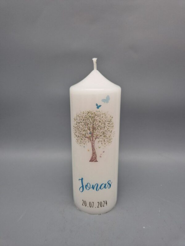 Taufkerze und PATENKERZE Junge "Lebensbaum mit blauen Schmetterlingen", 40 x 4 cm und 15 x 6 cm, Druckmotiv, mit Taufspruch, personalisiert – Bild 3
