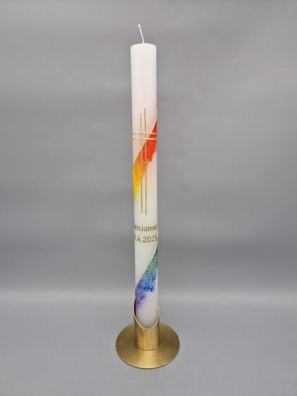 Nachhaltige Taufkerze, Kommunionskerze "Regenbogen Look rundherum", 40 x 3 cm, Wachskreuz in Gold, mit verschiedenen Regenbogen Farben gestaltet, personalisiert