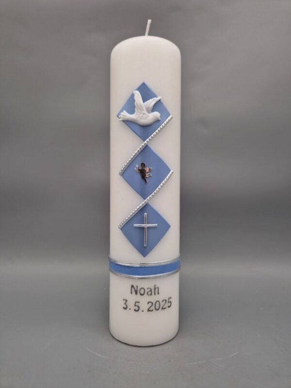 Taufkerze Junge "Hellblaue Karos", 25 x 6 cm, Wachsmotive, personalisiert