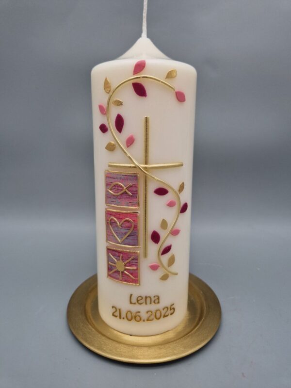 Exklusive Taufkerze Mädchen "Kreuz, Fisch, Blätterranke, Rosatöne", Wachsdesign, 20 x 7 cm, Gold, personalisiert - auch in Blautönen erhältlich – Bild 3