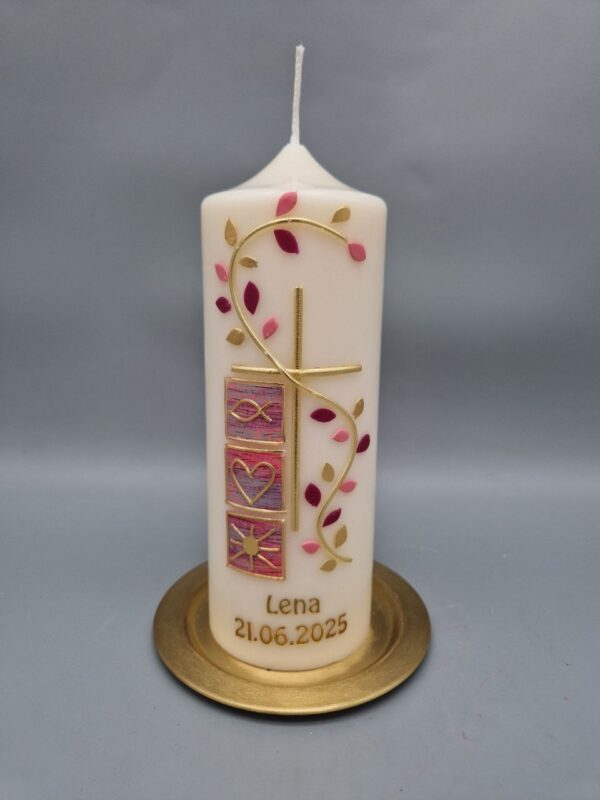 Exklusive Taufkerze Mädchen "Kreuz, Fisch, Blätterranke, Rosatöne", Wachsdesign, 20 x 7 cm, Gold, personalisiert - auch in Blautönen erhältlich – Bild 2