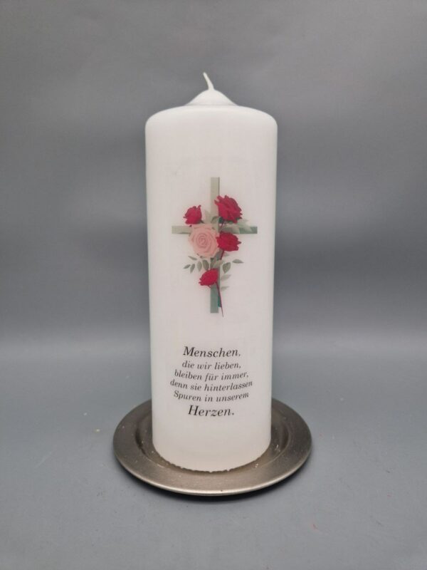 Trauerkerze "Kreuz mit Rosen", 20 x 7 cm, Druckmotiv, wunderschöner Trauerspruch, OHNE Personalisierung