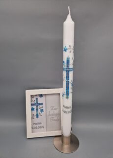 SET aus Taufkerze Junge und Taufbrief "Blauer Marmor-Look", Kreuz, Blätter-Blumenranke, Wachsmotive, 40 x 3 cm, personalisiert, für Mädchen in Rosa Marmor erhältlich