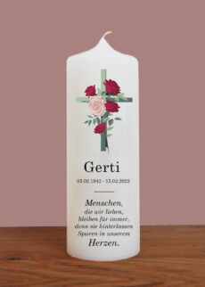 Trauerkerze "Kreuz und rote Rosen", 20 x 7 cm, Druckmotiv, mit wunderschönem Trauerspruch, personalisiert