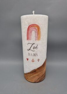 Taufkerze mit Echtholzstück und Docht Mädchen "Regenbogen, Herz, Anker, Kreuz", Druckmotive, 20 x 8 cm, personalisiert