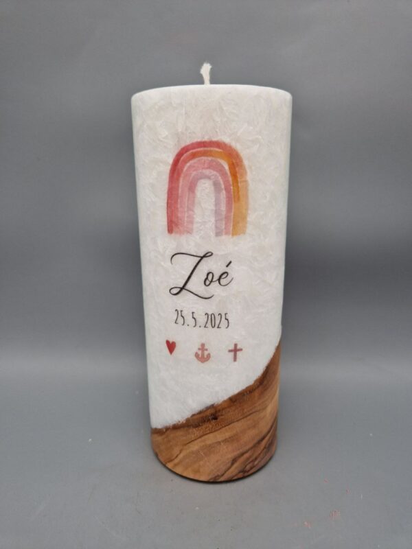 Taufkerze mit Echtholzstück und Docht Mädchen "Regenbogen, Herz, Anker, Kreuz", Druckmotive, 20 x 8 cm, personalisiert