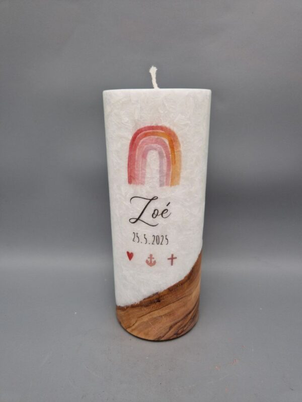 Taufkerze mit Echtholzstück und Docht Mädchen "Regenbogen, Herz, Anker, Kreuz", Druckmotive, 20 x 8 cm, personalisiert – Bild 2