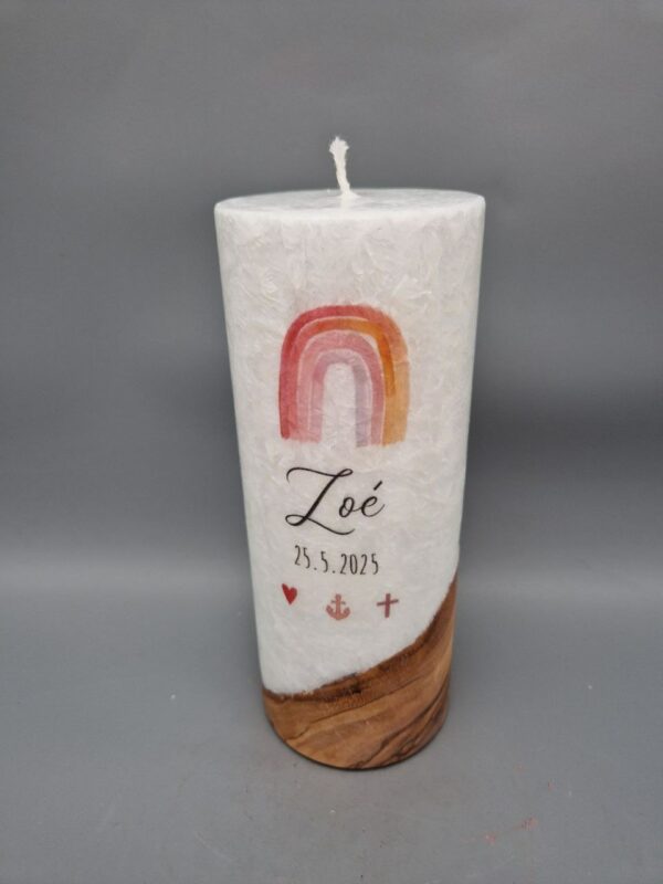 Taufkerze mit Echtholzstück und Docht Mädchen "Regenbogen, Herz, Anker, Kreuz", Druckmotive, 20 x 8 cm, personalisiert – Bild 3