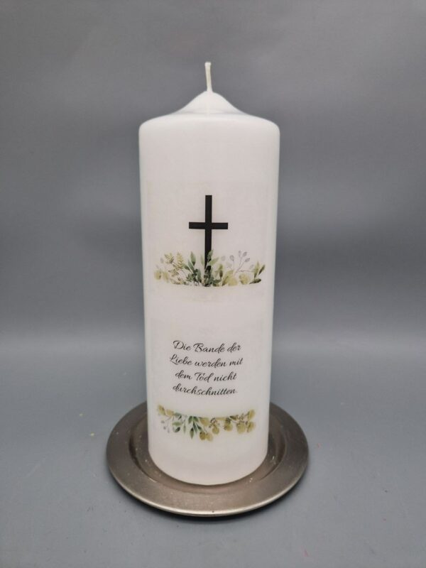 Trauerkerze "Kreuz mit Blätter", 20 x 7 cm, schöner Trauerspruch, OHNE Personalisierung