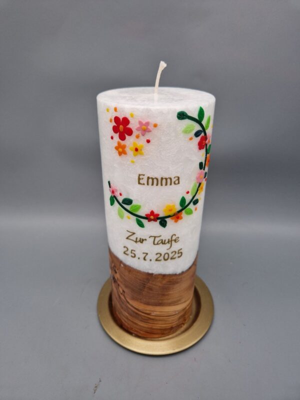 Taufkerze Stumpenkerze mit Echtholzstück und Docht "Bunte Blumenranke mit edlen Blättern", 20 x 8 cm, Wachsmotive, personalisiert – Bild 3