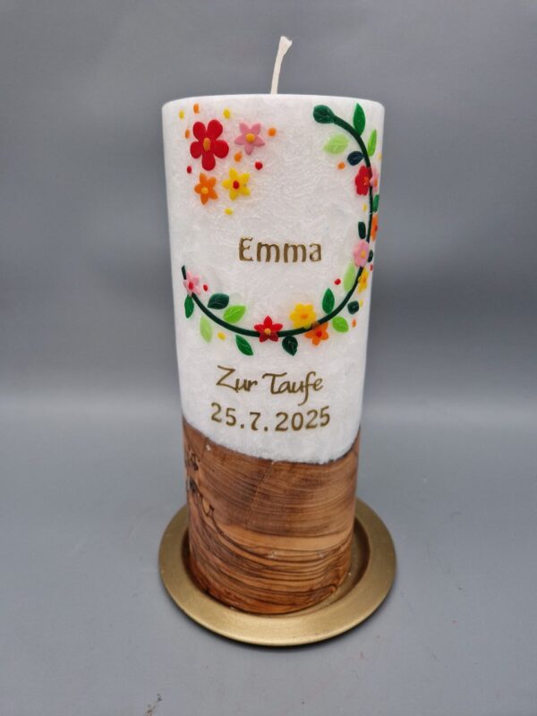 Taufkerze Stumpenkerze mit Echtholzstück und Docht "Bunte Blumenranke mit edlen Blättern", 20 x 8 cm, Wachsmotive, personalisiert