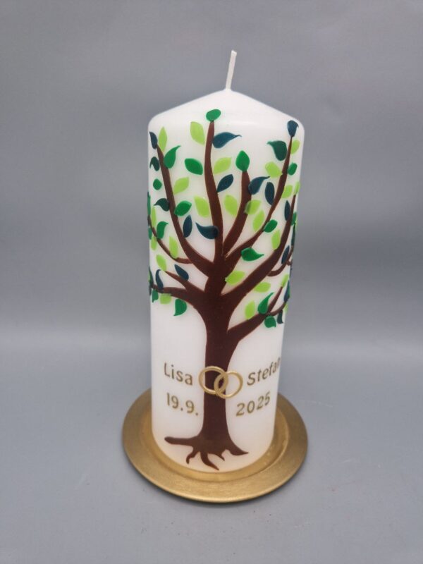 Hochzeitskerze "Lebensbaum für Naturliebhaber", 20 x 8 cm, Wachsmotive, personalisiert