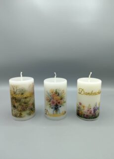 Dankeskerzen 3er-Set, 10 x 6 cm, Text: Dankeschön, nachhaltig aus 100% Recycling-Wachs, mit indiv. Widmung