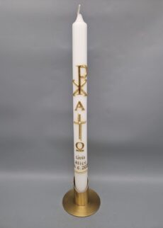 Limited Edition: Taufkerze ganz in GOLD, Pax, Kreuz, Alpha und Omega, Wachsmotive, 40 x 3 cm, personalisiert
