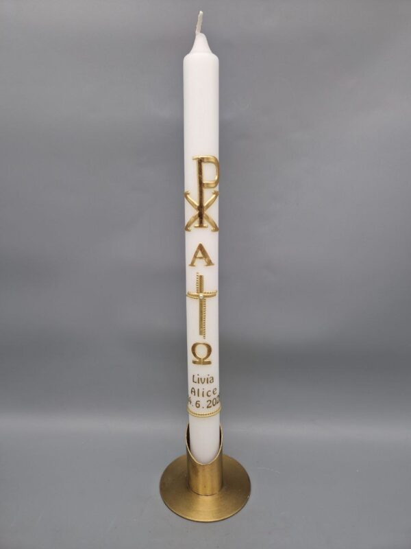 Limited Edition: Taufkerze ganz in GOLD, Pax, Kreuz, Alpha und Omega, Wachsmotive, 40 x 3 cm, personalisiert