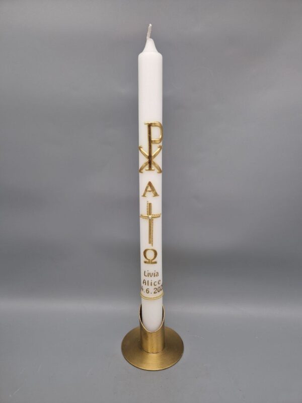 Limited Edition: Taufkerze ganz in GOLD, Pax, Kreuz, Alpha und Omega, Wachsmotive, 40 x 3 cm, personalisiert – Bild 3