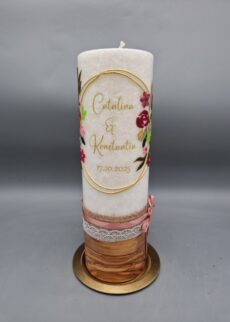 Superior Hochzeitskerze mit ECHTHOLZSTÜCK und DOCHT "Ewige Liebe", 25 x 8 cm, Wachsmotiv, Namen und Datum als Druck, Bänder, Stearin, personalisiert