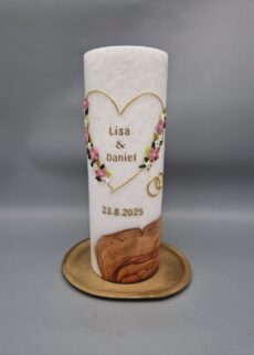 Superior Hochzeitskerze mit ECHTHOLZSTÜCK und Teelichteinsatz "Florales Design", 25 x 9 cm (eindrucksvolle Größe), Stearin, Wachsmotive, personalisiert