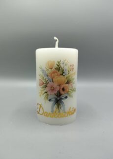 Dankeskerze, 10 x 6 cm, "Blumenstrauß", Text: Dankeschön, nachhaltig aus 100% Recycling-Wachs, mit indiv. Widmung