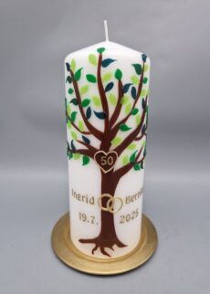 Kerze zur Goldenen Hochzeit "Lebensbaum mit Herz", 20 x 8 cm, Wachsmotiv, personalisiert