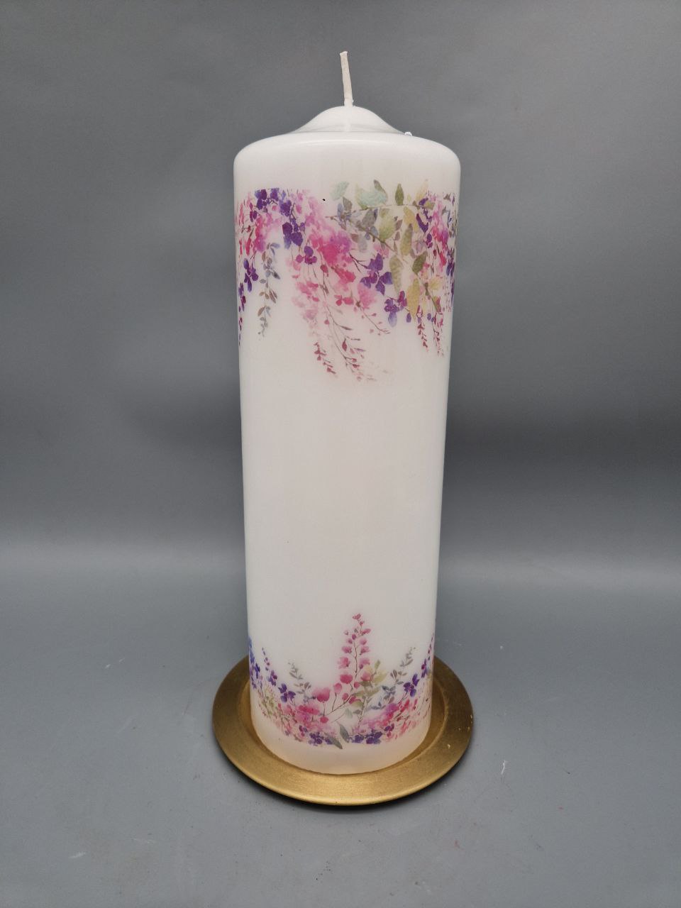 PREMIUM Hochzeitskerze "Rosa-Lila Print Blütentraum", 25 x 8 cm, Druckmotiv, Blumen auch seitlich auf der Kerze, personalisiert in Lila oder Pink