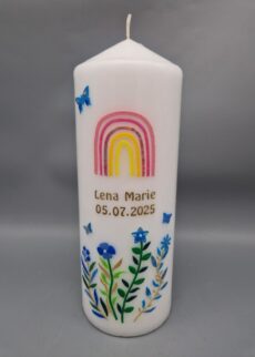 Superior Taufkerze "Regenbogen mit Blumen" 27 x 10 cm (eindrucksvoll groß), Wachsmotive, personalisiert in Gold