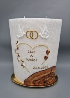PREMIUM Ovale Hochzeitskerze in L mit ECHTHOLZSTÜCK und 2 Teelichtern, aus Stearin, 21 x 14 x 8 cm, Wachsmotive, GOLD mit KUPFER, personalisiert