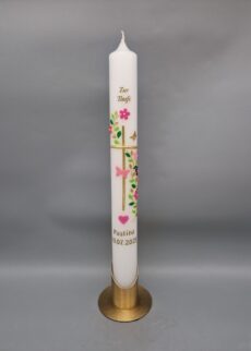 Taufkerze Mädchen "Kreuz, Blätterranke, Blumen, Schmetterlinge", 40 x 4 cm, Wachsmotive, personalisiert, Taufbrief dazu bestellbar