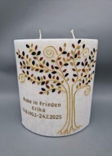 Superior Ovale Trauerkerze mit 2 Dochte "Lebensbaum in Gold, Kupfer und Schwarz", 18 x 15 x 8 cm, Wachsmotiv, Trauerspruch, personalisiert