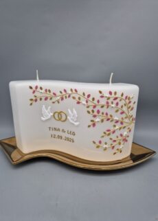 Premium Hochzeitskerze EXTRA GROSSE WELLE mit 2 Dochte "Goldene Zweige mit Weißen Blumen und Altrosa Blättern, Tauben und Ringe", Perlen, 26 x 16 x 5 cm, Wachsmotive, personalisiert